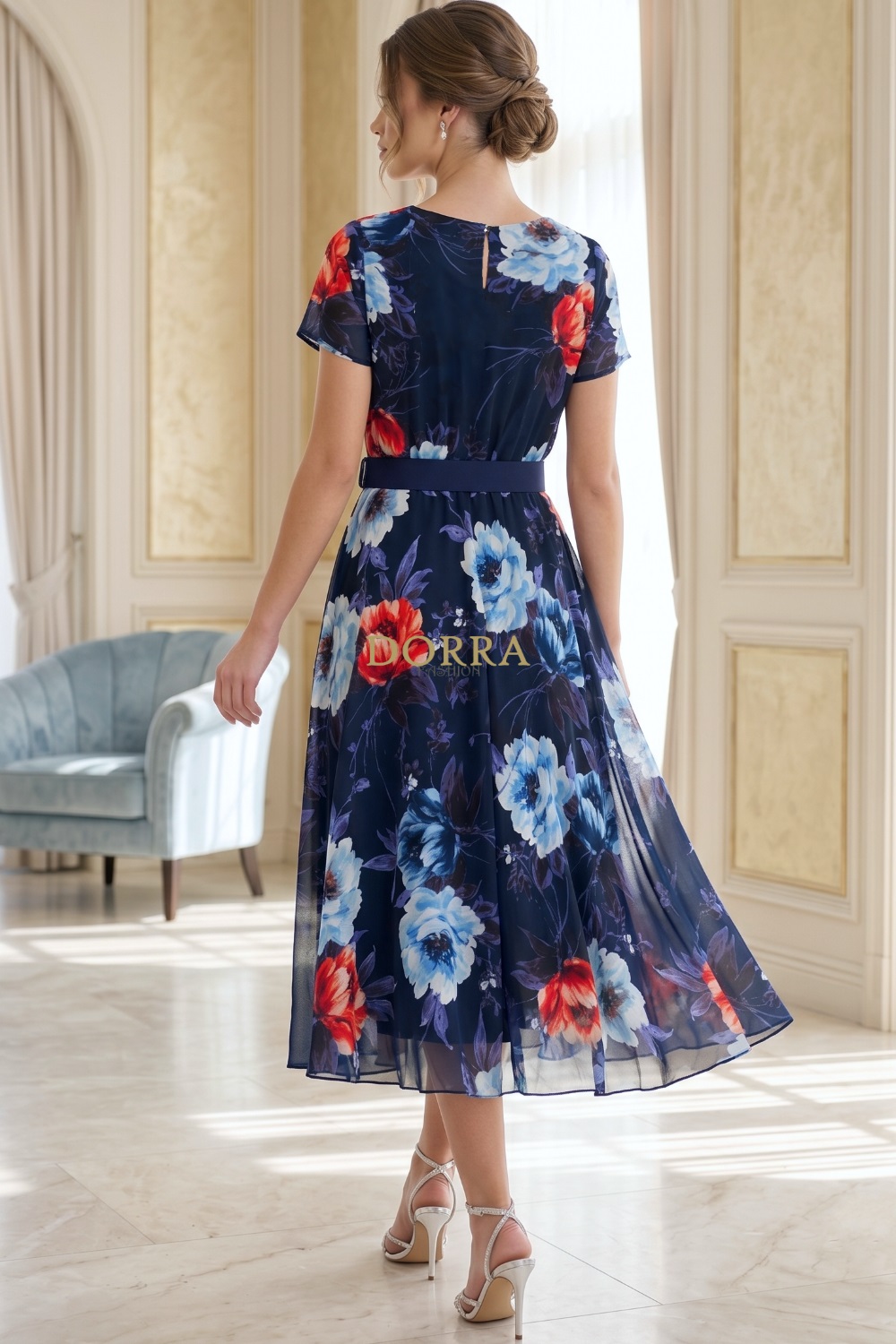 Rochie midi Ramada din voal bleumarin cu imprimeu floral și curea - spate