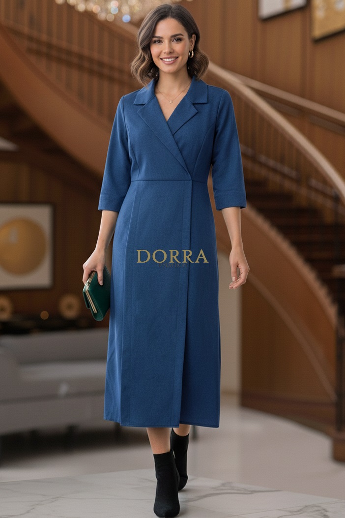 Rochie midi Rebeca din stofă albastră cu guler, revere și crăpături