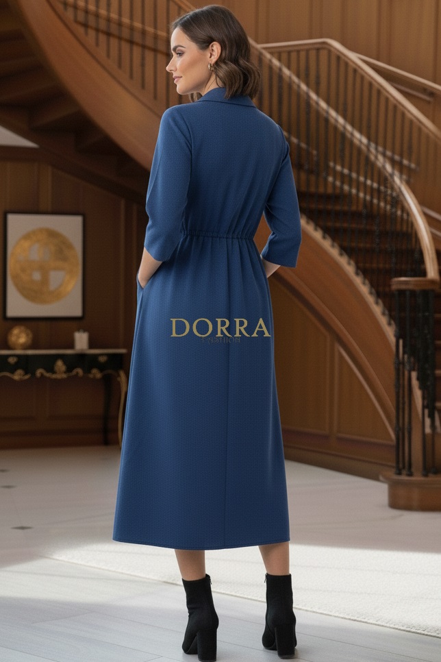 Rochie midi Rebeca din stofă albastră cu guler, revere și crăpături - imagine 3