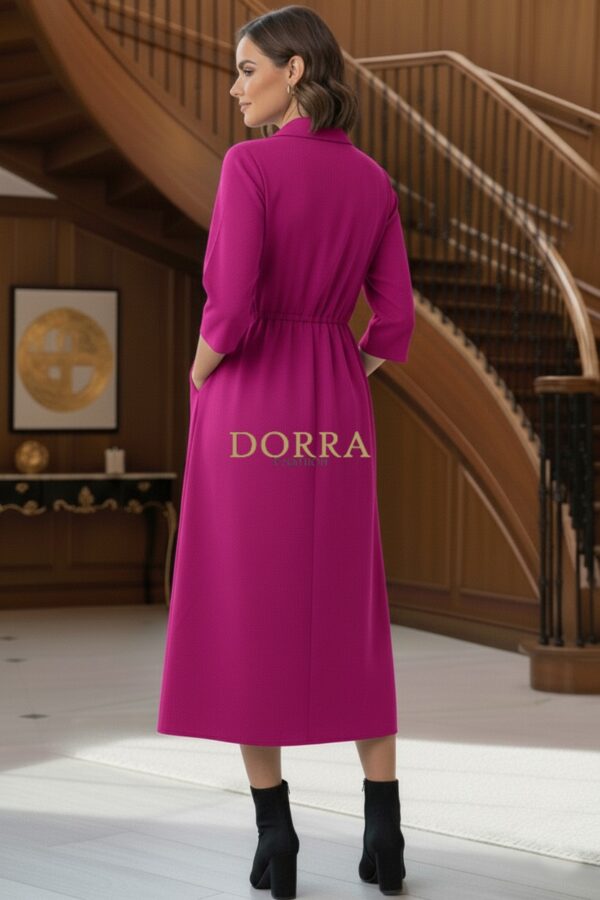 Rochie midi Rebeca din stofă fuchsia cu guler, revere și crăpături - spate