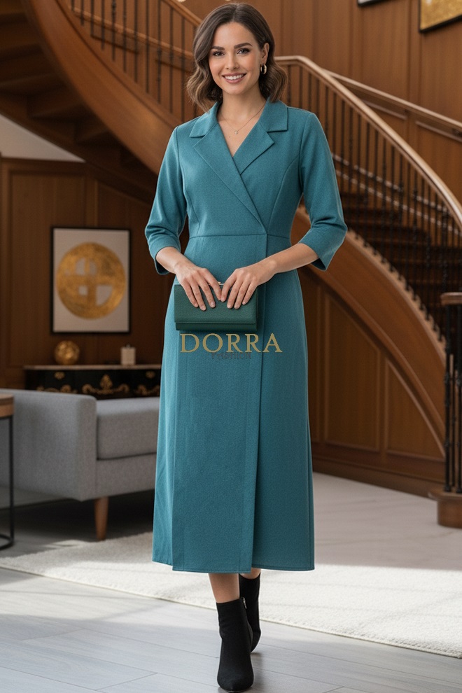 Rochie midi Rebeca din stofă turquoise cu guler, revere și crăpături