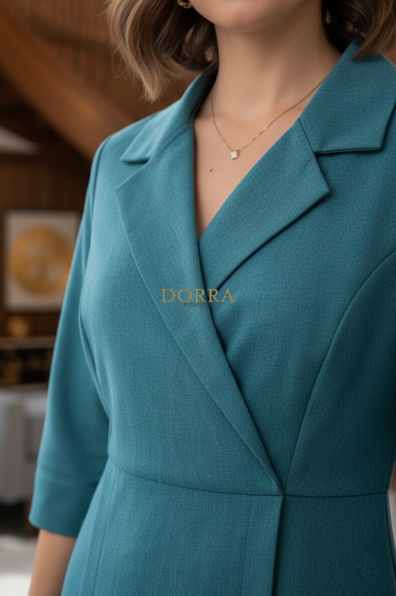 Rochie midi Rebeca din stofă turquoise cu guler, revere și crăpături - imagine 2