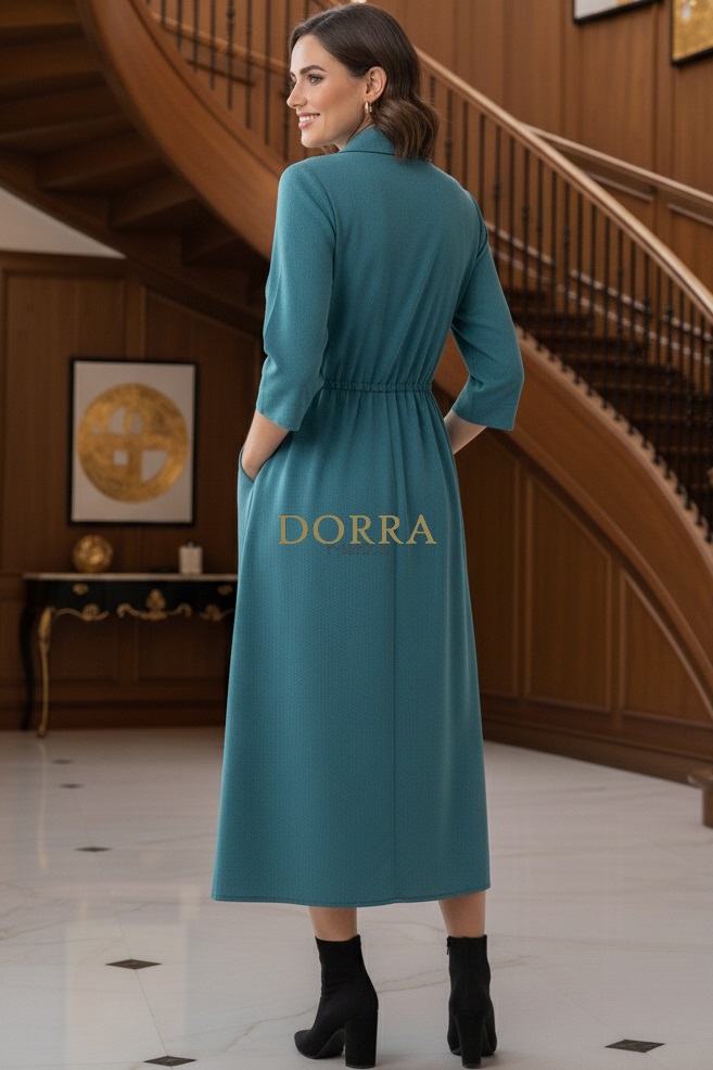 Rochie midi Rebeca din stofă turquoise cu guler, revere și crăpături - imagine 3