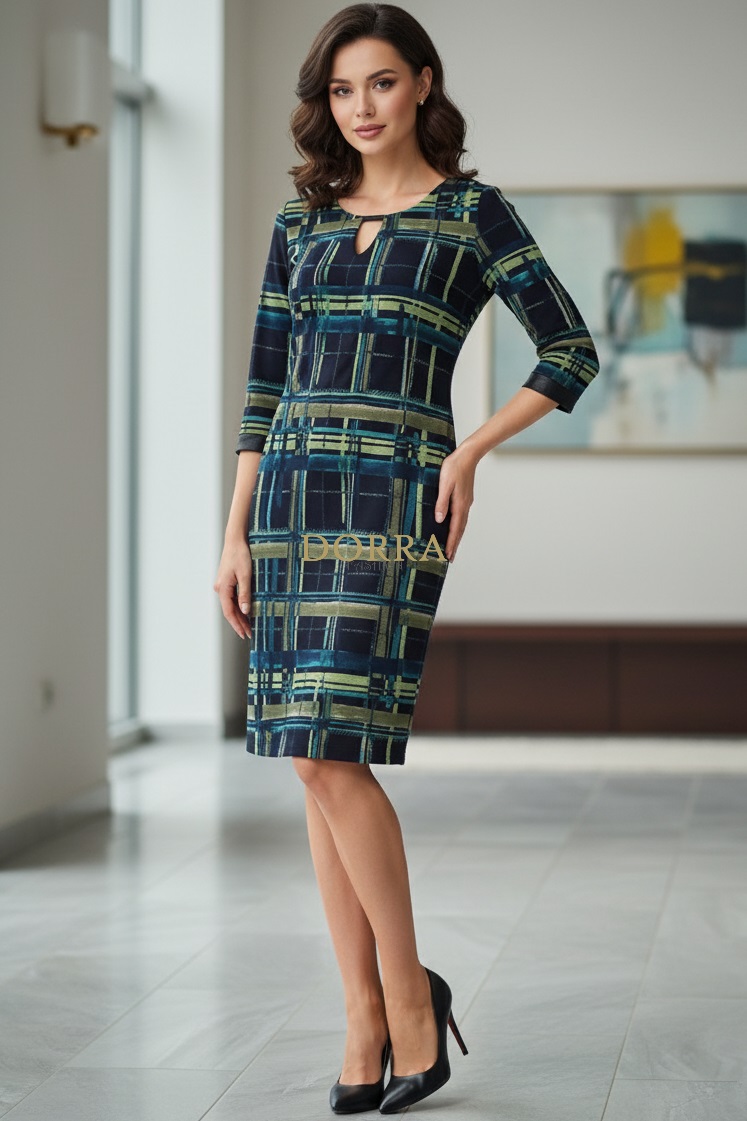 Rochie Roxanna, măsuri mari, din jerse cu imprimeu geometric verde - poză frontală