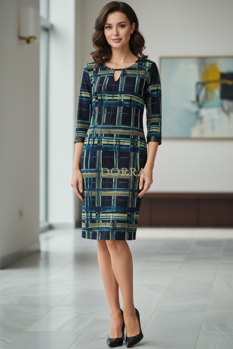 Rochie Roxanna, măsuri mari, din jerse cu imprimeu geometric verde - spate