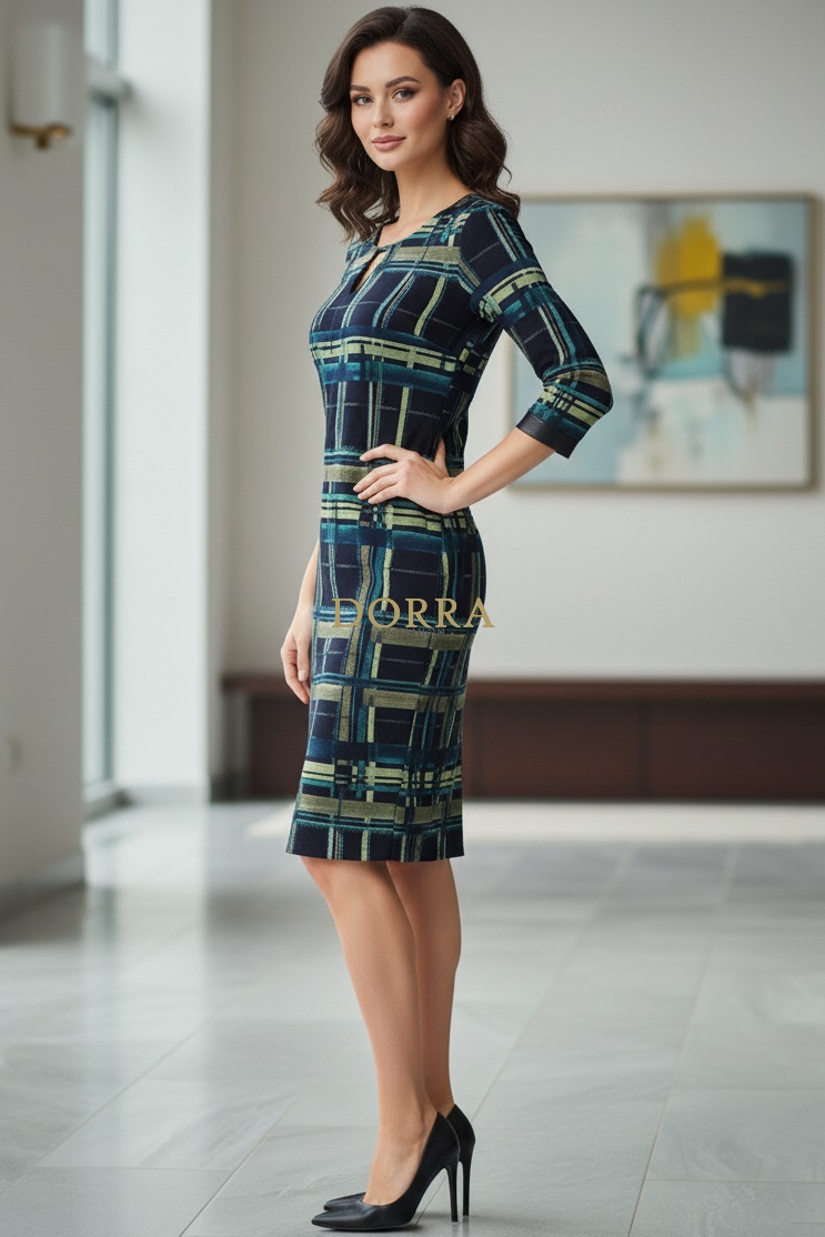 Rochie Roxanna, măsuri mari, din jerse cu imprimeu geometric verde - detaliu