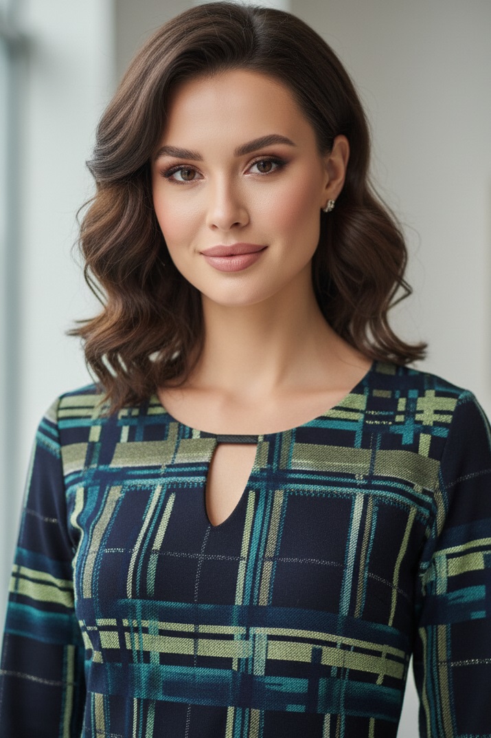 Rochie Roxanna, măsuri mari, din jerse cu imprimeu geometric verde - imagine 2