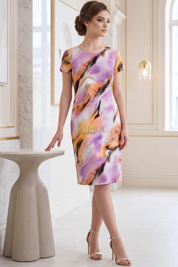 Rochie de zi Sara lila cu accente portocalii - poză frontală