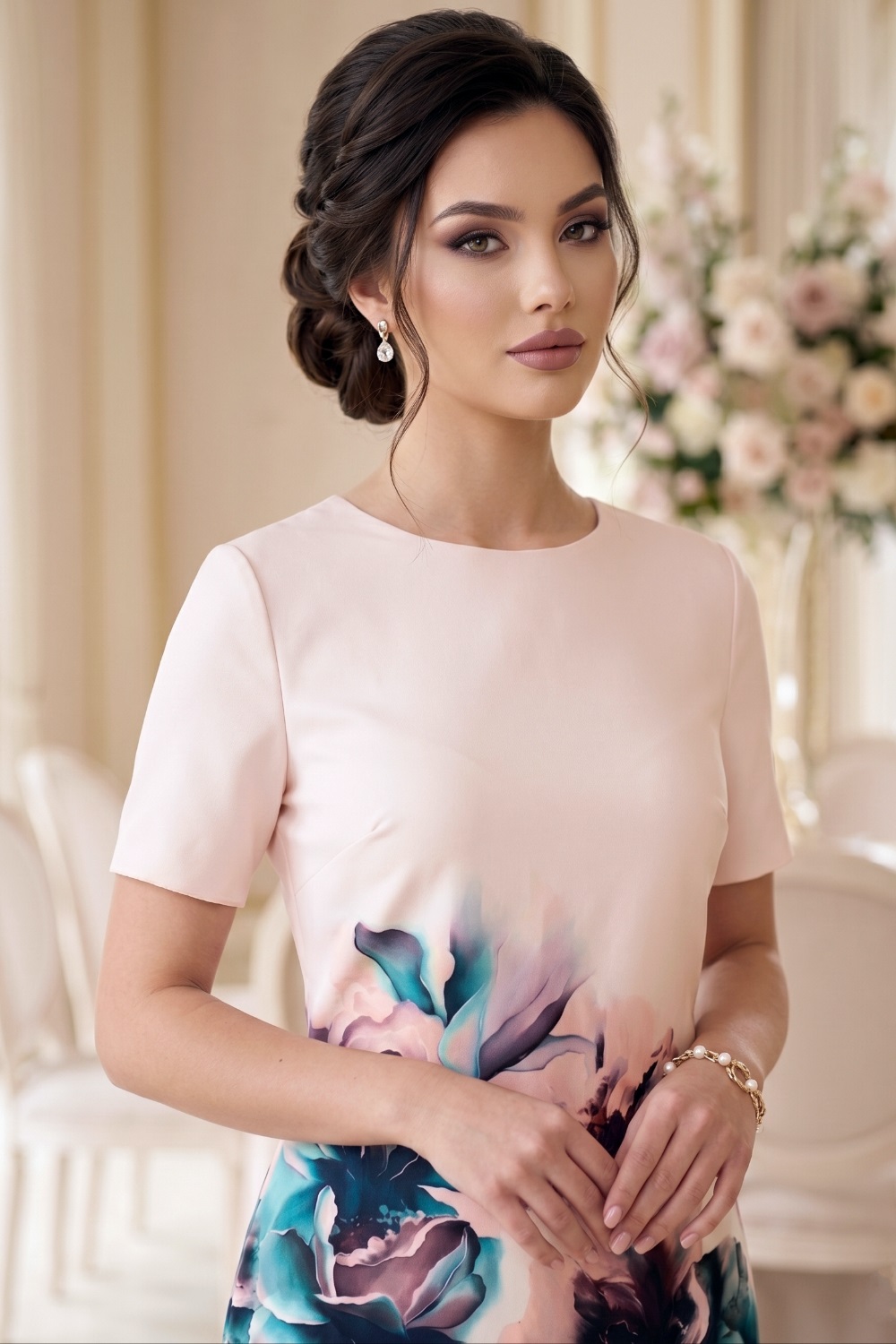 Rochie de zi Sara piersică cu imprimeu floral - detaliu