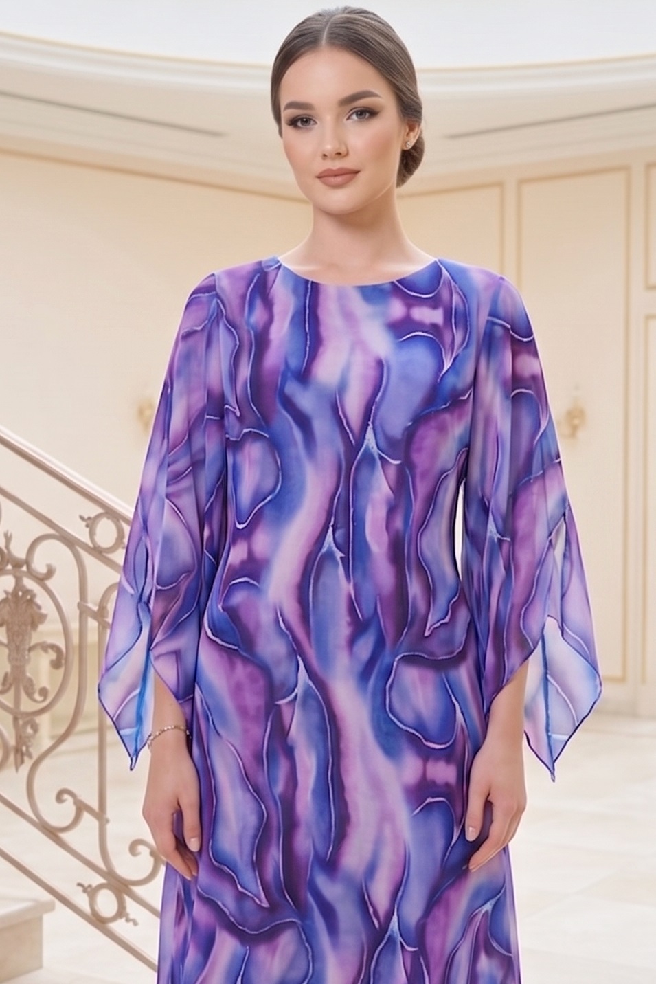 Rochie midi cocktail Silvana din voal fin mov degrade - detaliu