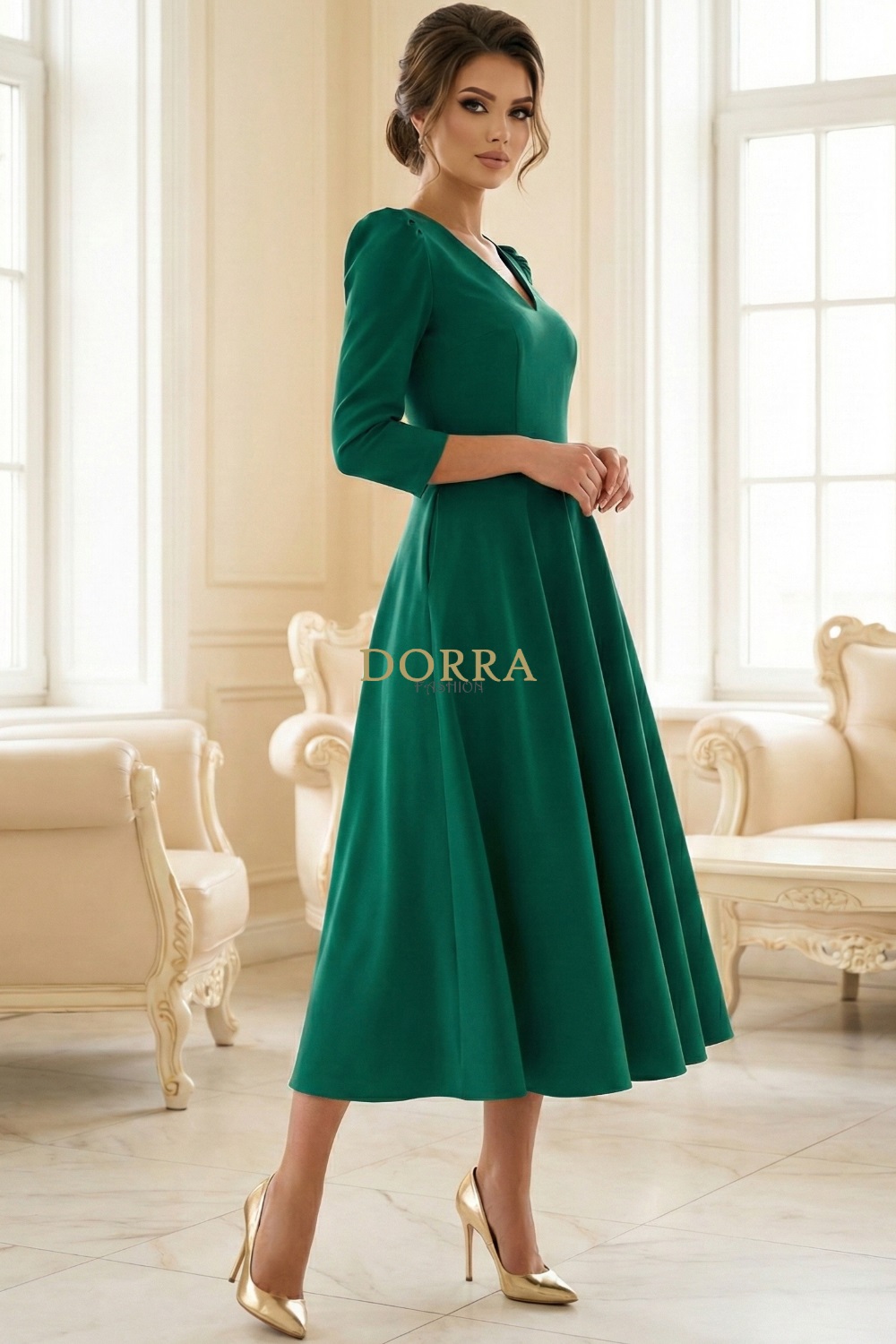 Rochie midi Sofia din barbie verde cu mâneci bufante - poză frontală