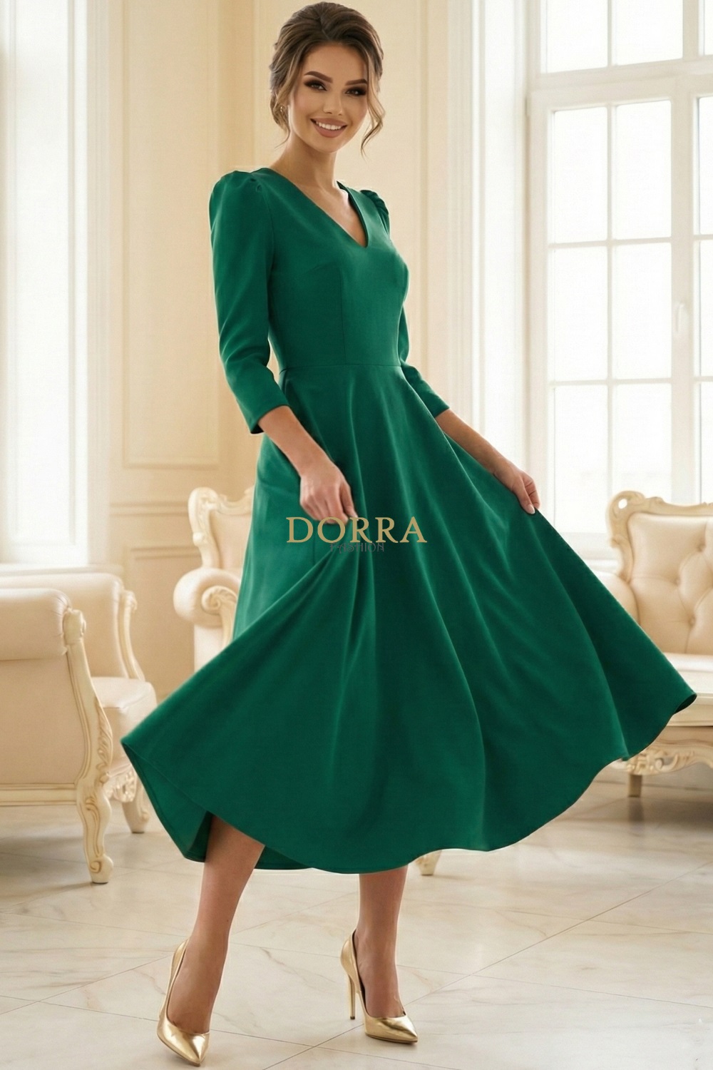 Rochie midi Sofia din barbie verde cu mâneci bufante - spate