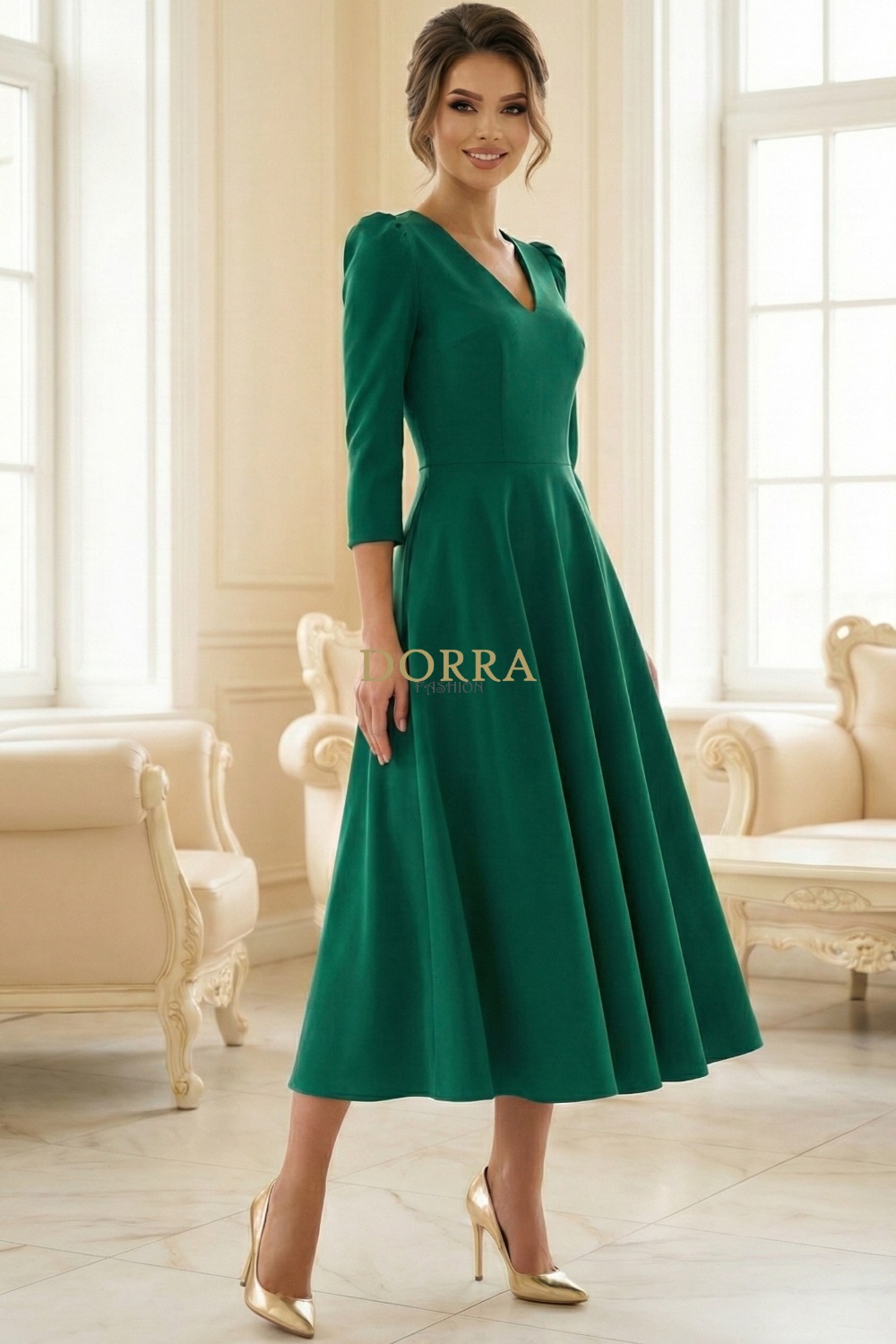 Rochie midi Sofia din barbie verde cu mâneci bufante - detaliu