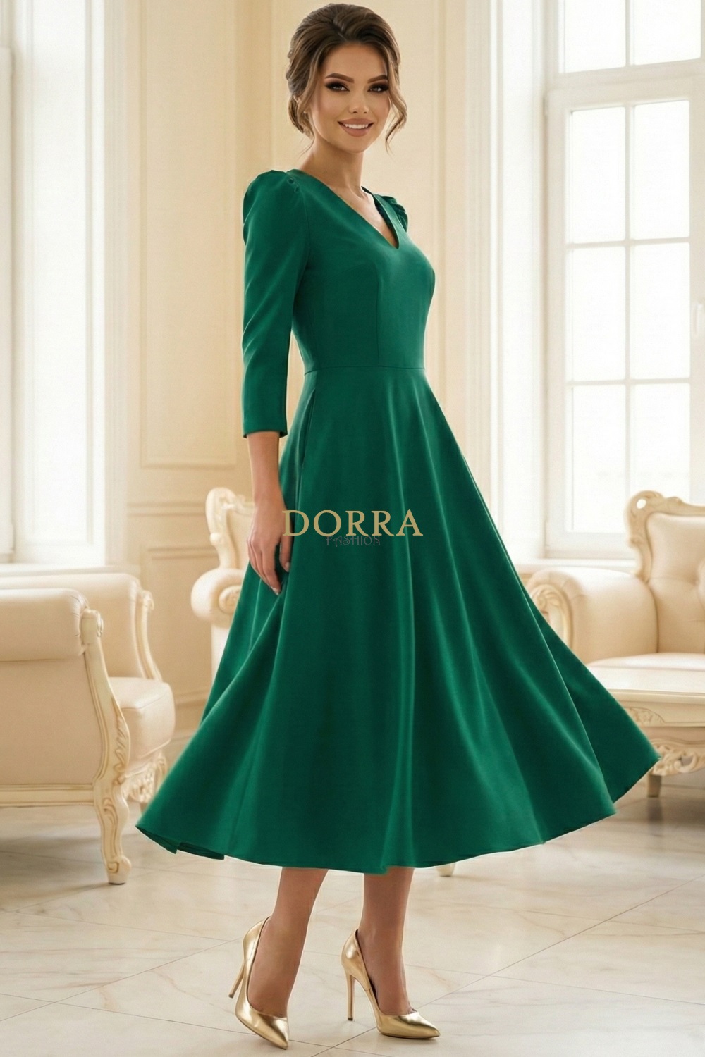 Rochie midi Sofia din barbie verde cu mâneci bufante