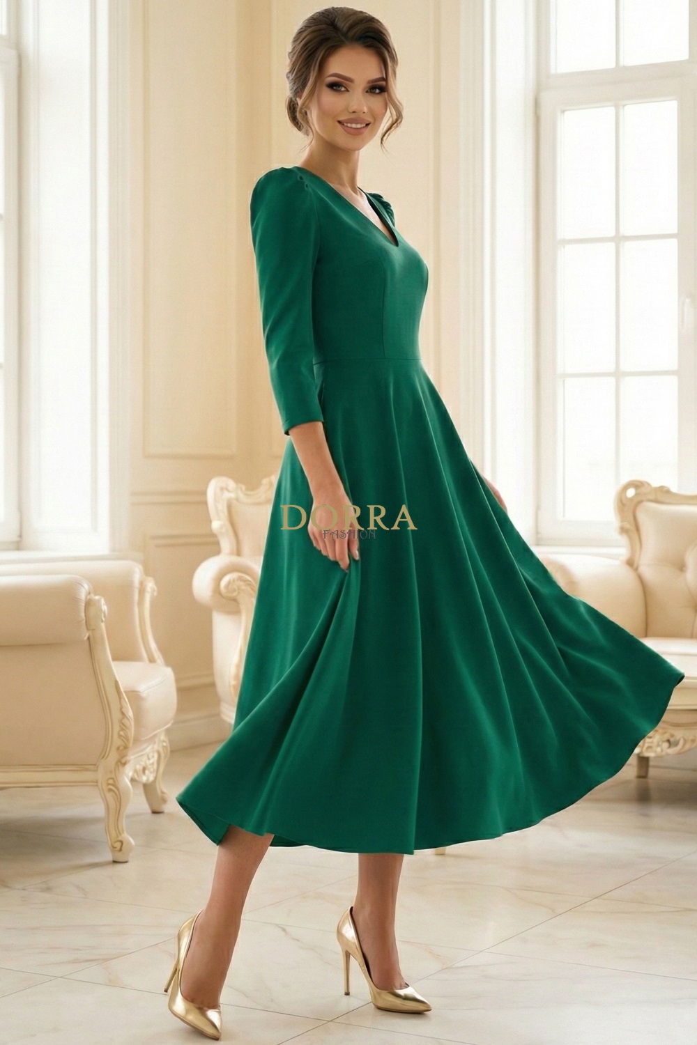 Rochie midi Sofia din barbie verde cu mâneci bufante