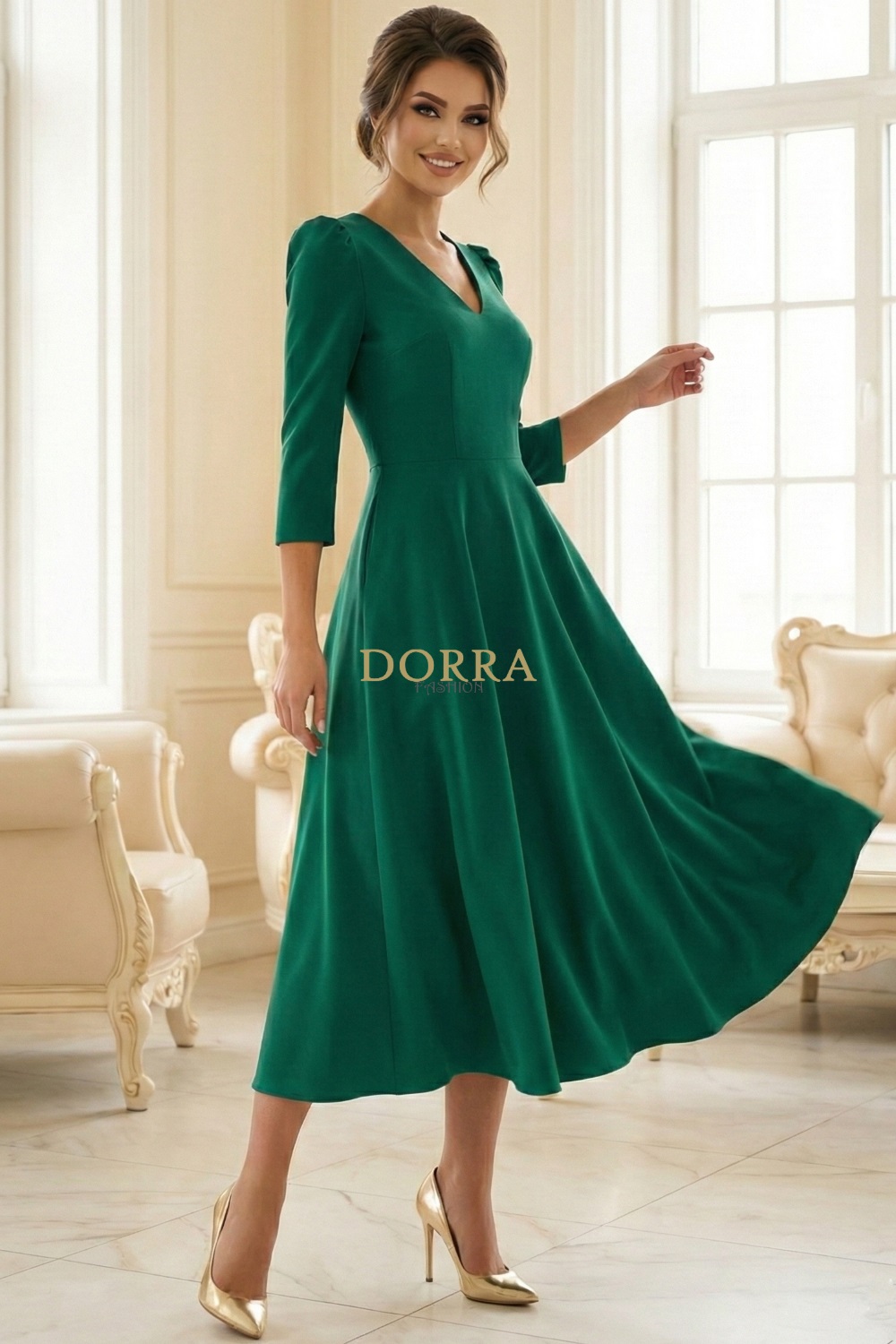 Rochie midi Sofia din barbie verde cu mâneci bufante