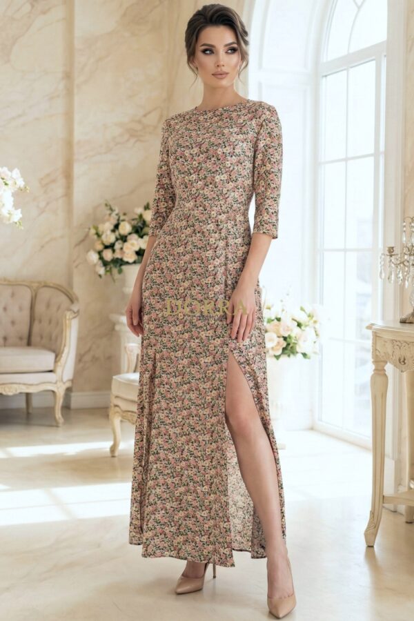 Rochie lungă Sorina din vâscoză cu flori mici multicolore - poză frontală