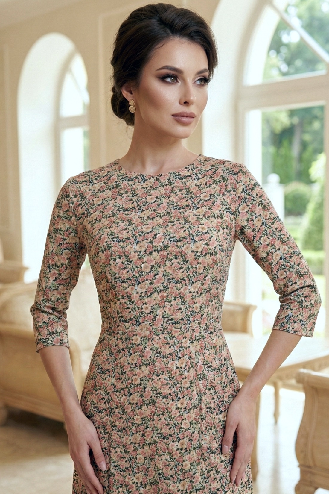 Rochie lungă Sorina din vâscoză cu flori mici multicolore - spate