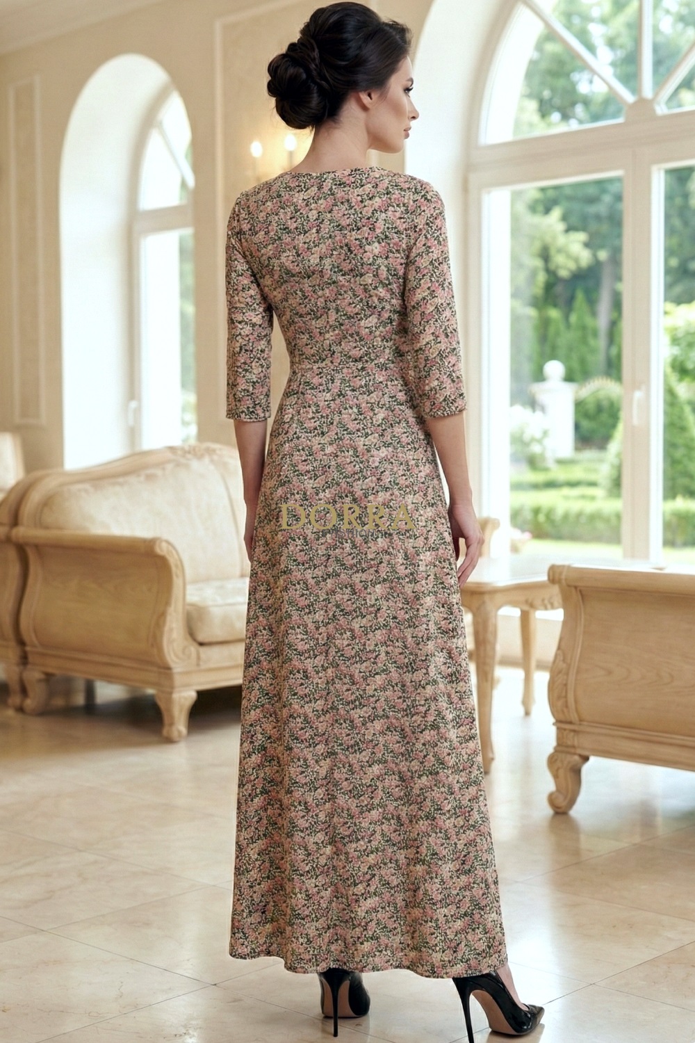 Rochie lungă Sorina din vâscoză cu flori mici multicolore - detaliu