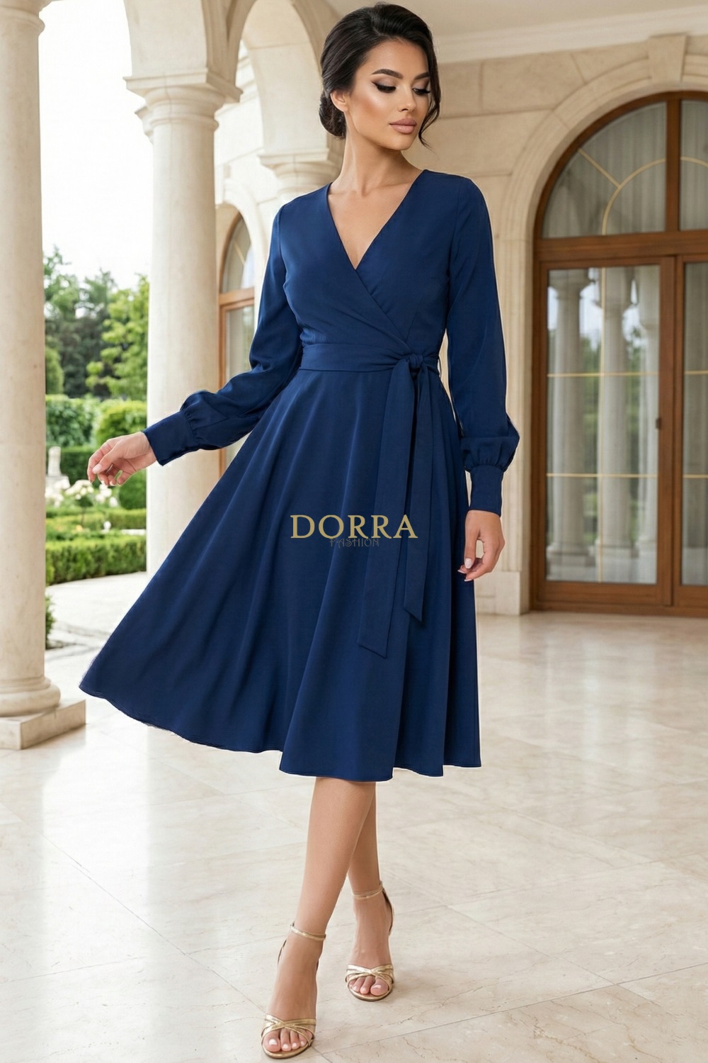 Rochie midi Valerie din barbie bleumarin, petrecută, cu cordon - poză frontală