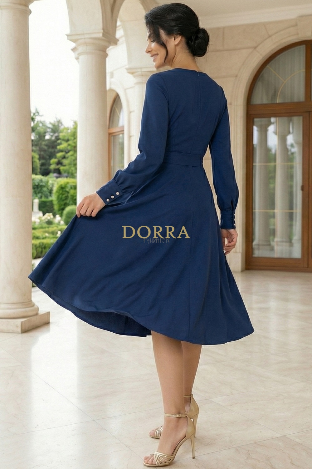 Rochie midi Valerie din barbie bleumarin, petrecută, cu cordon - detaliu