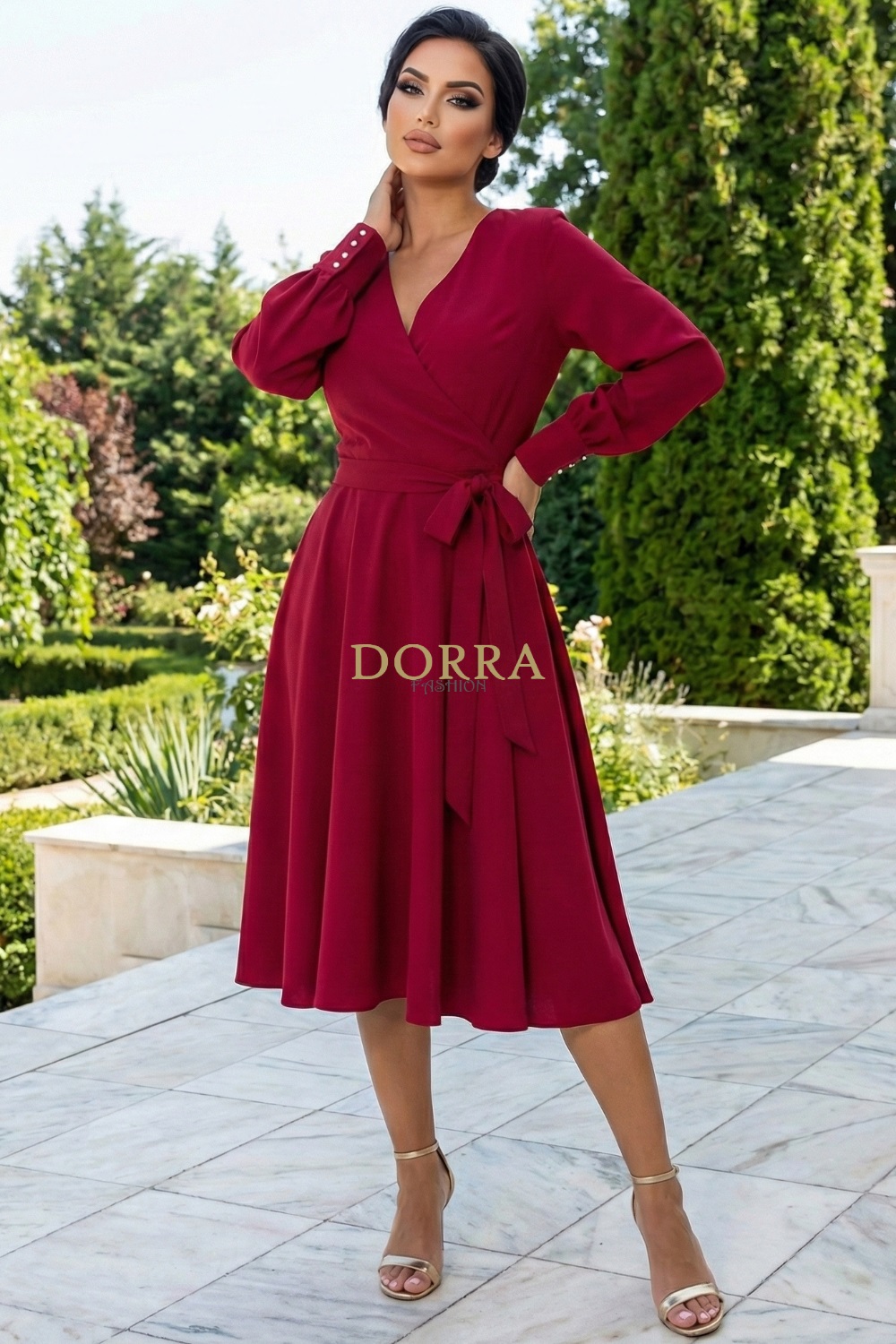Rochie midi Valerie din barbie roșu zmeuriu, petrecută, cu cordon - poză frontală