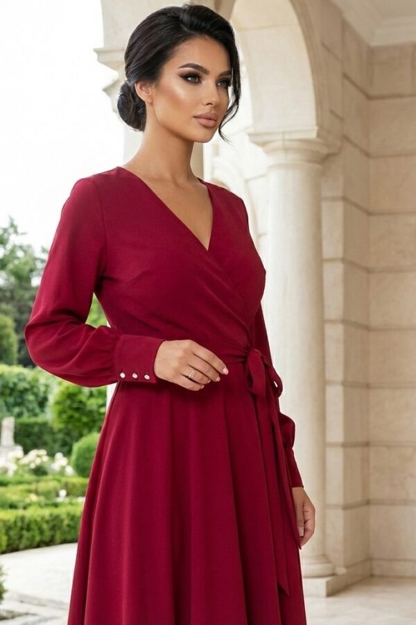 Rochie midi Valerie din barbie roșu zmeuriu, petrecută, cu cordon - spate