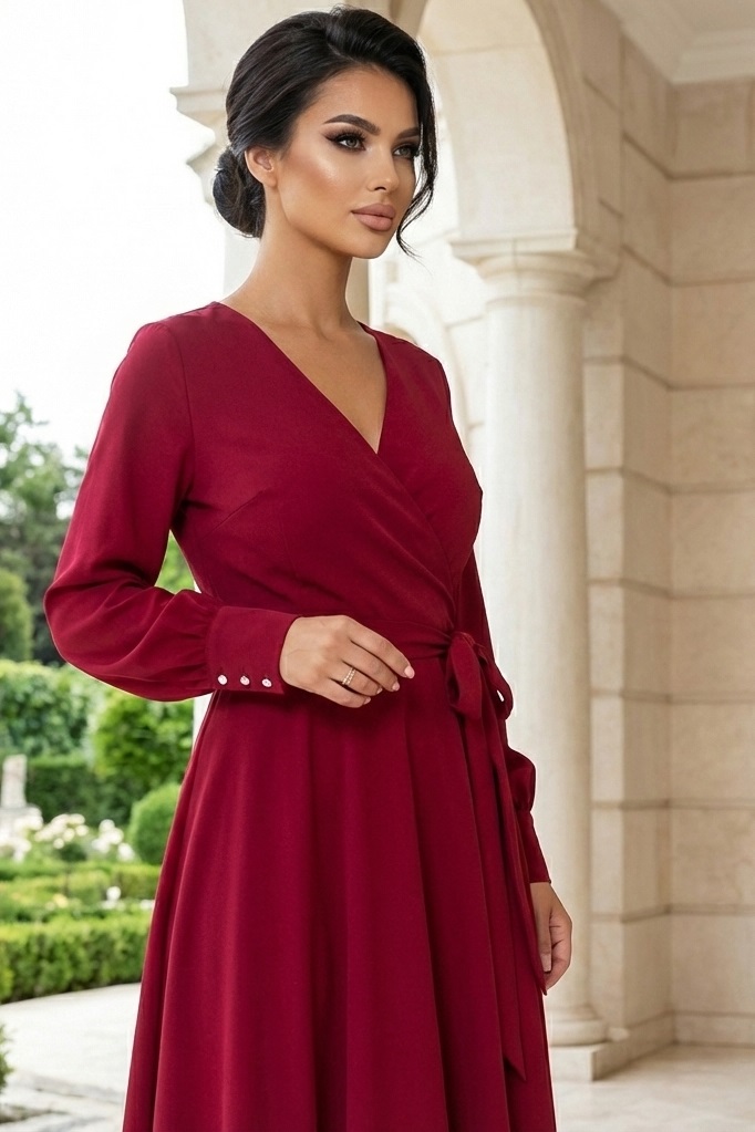 Rochie midi Valerie din barbie roșu zmeuriu, petrecută, cu cordon - spate