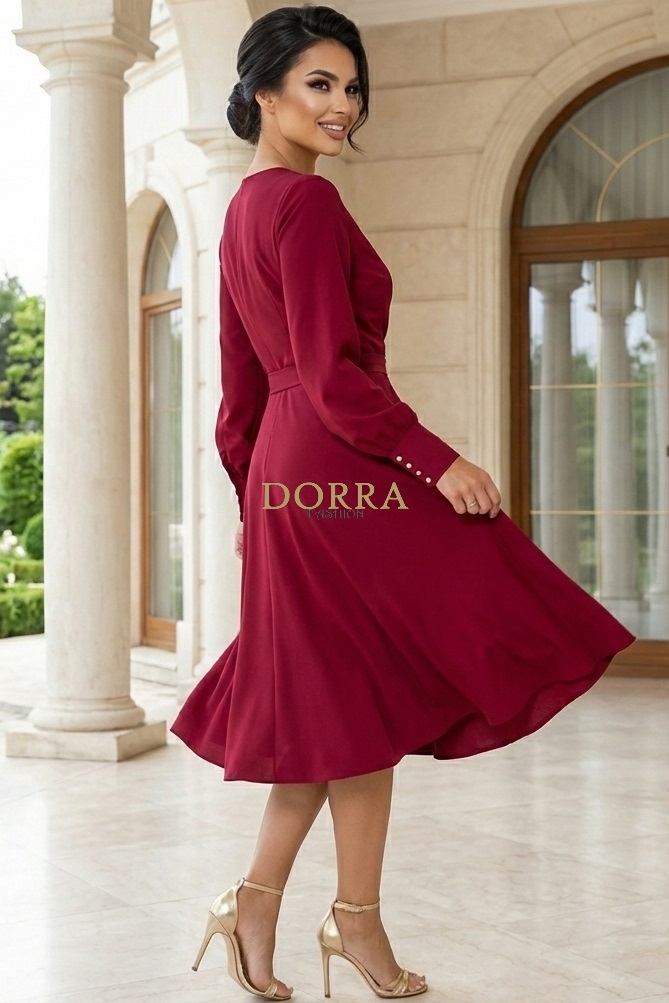 Rochie midi Valerie din barbie roșu zmeuriu, petrecută, cu cordon - detaliu