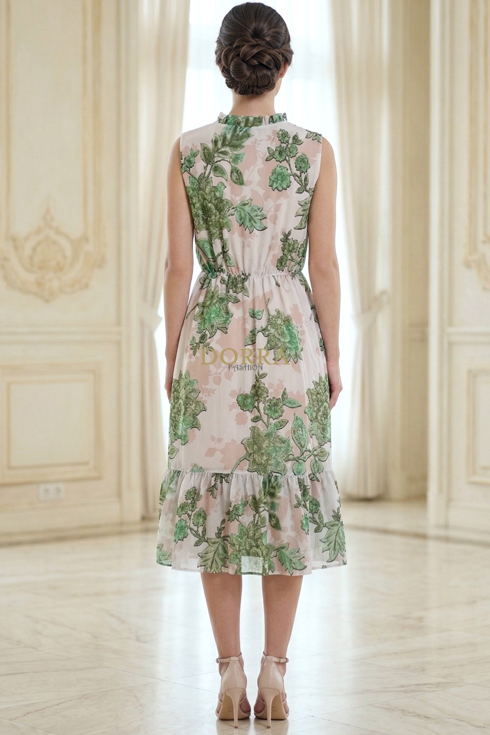 Rochie midi Violeta din tripluvoal crem cu verde, cu volane - spate