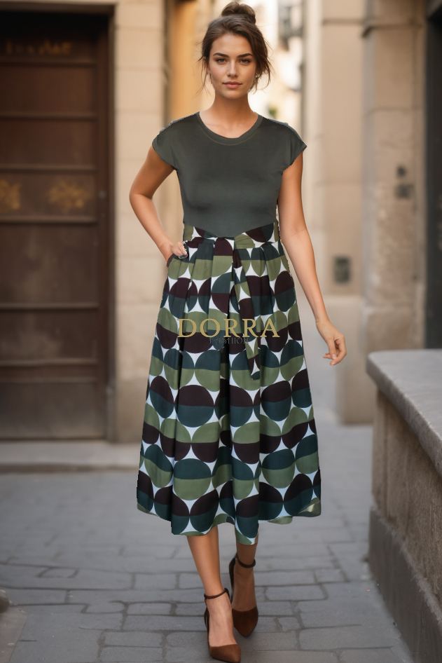 Rochie midi Vivianne din bumbac kaki cu cordon - poză frontală