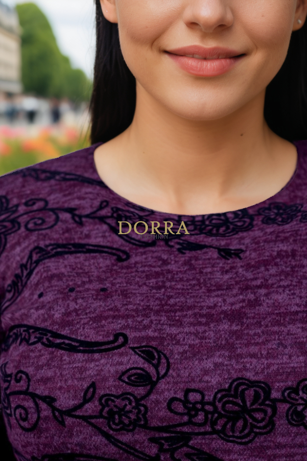 Rochie Wendy, măsuri mari, din jerse mov cu imprimeu din catifea - detaliu