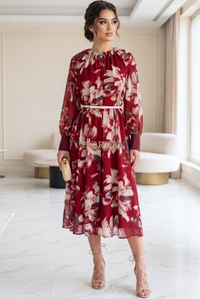 Rochie de zi Anemarie din voal grena cu imprimeu floral și curea - poză frontală
