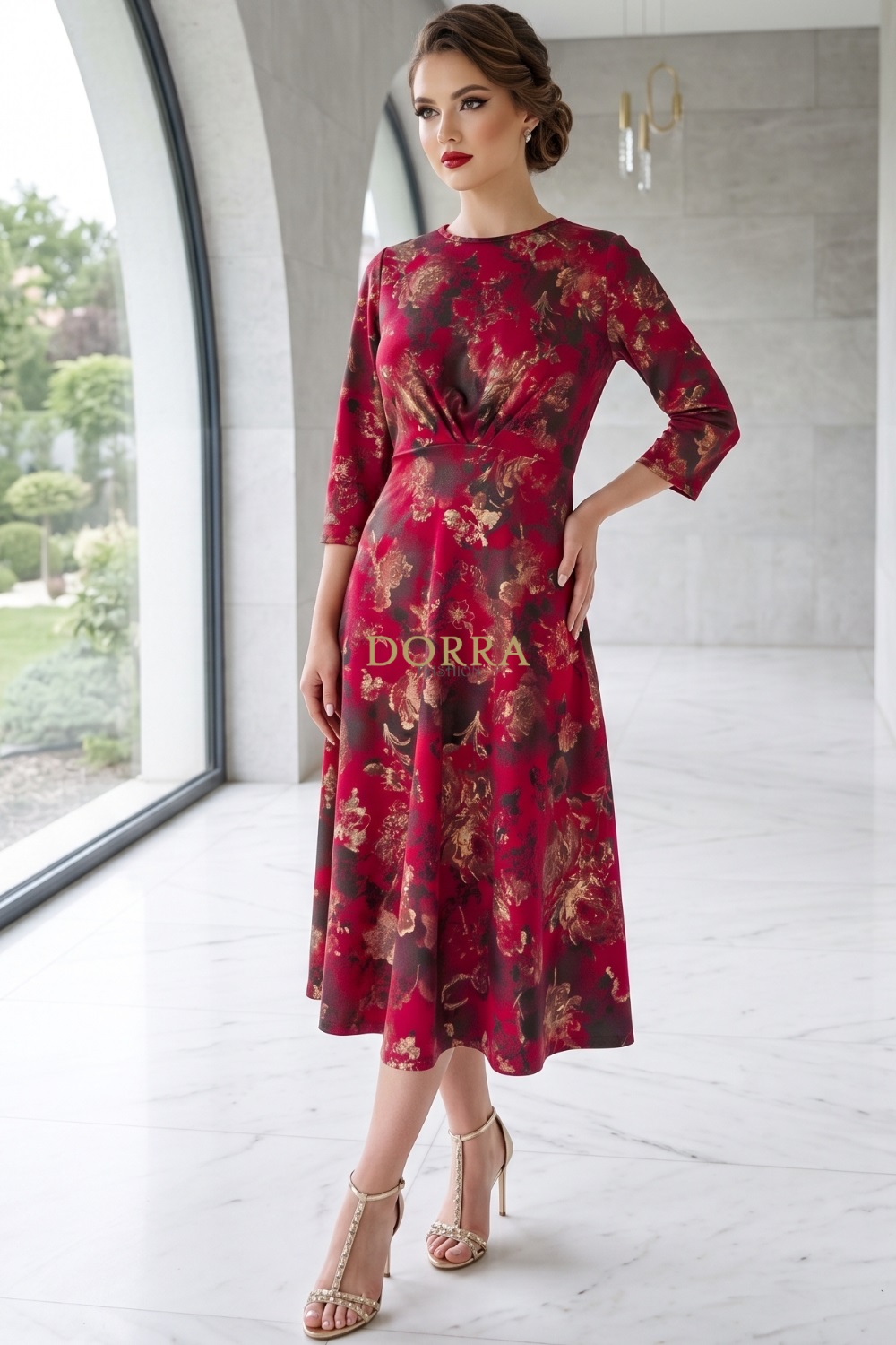 Rochie midi Bonnie din jerse rosu cu imprimeu metalizat, maneca 3/4 si pense in talie