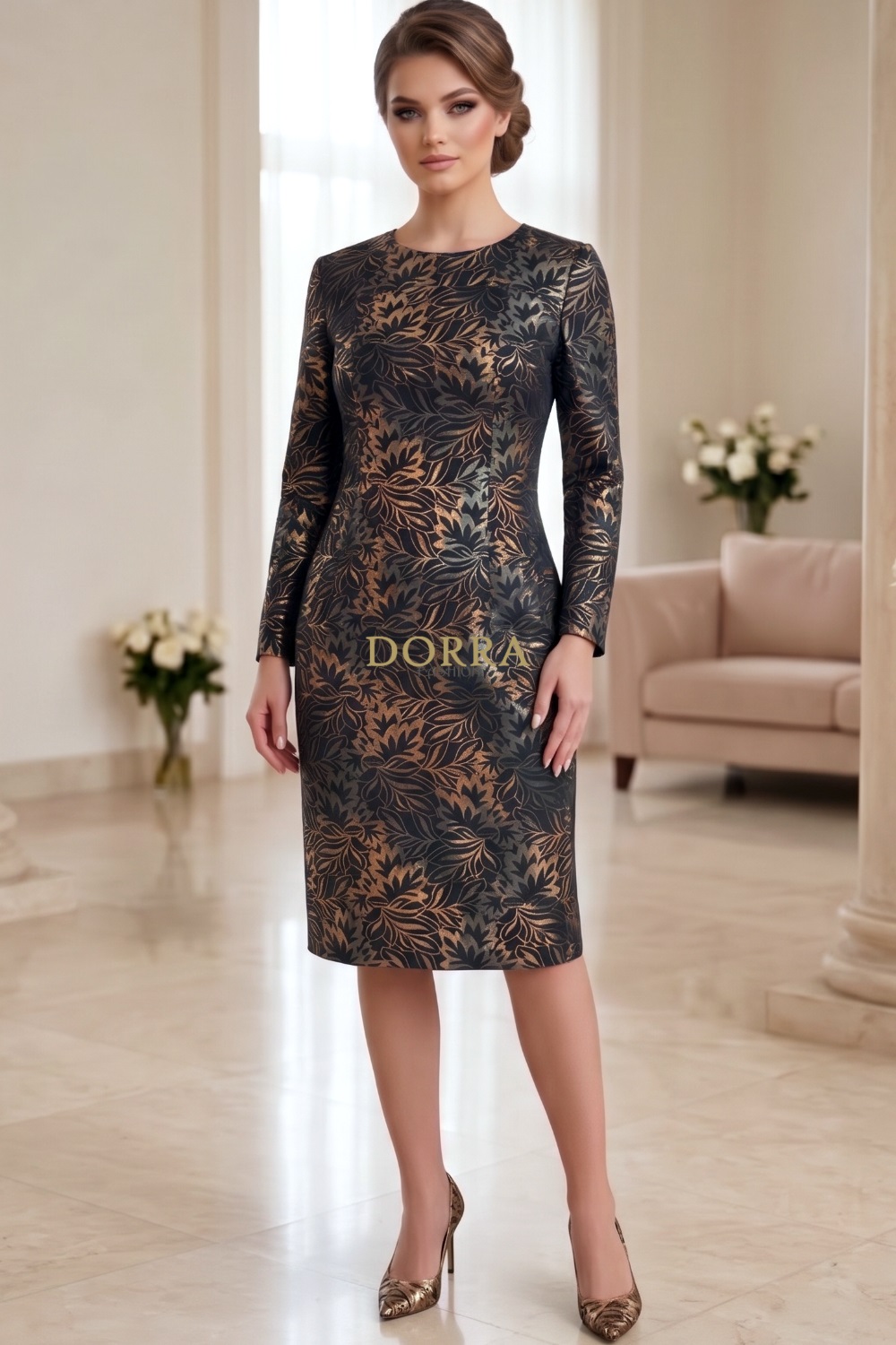 Rochie Carolinna din jerse cu imprimeu metalizat negru-auriu, maneci lungi, croiala lejera
