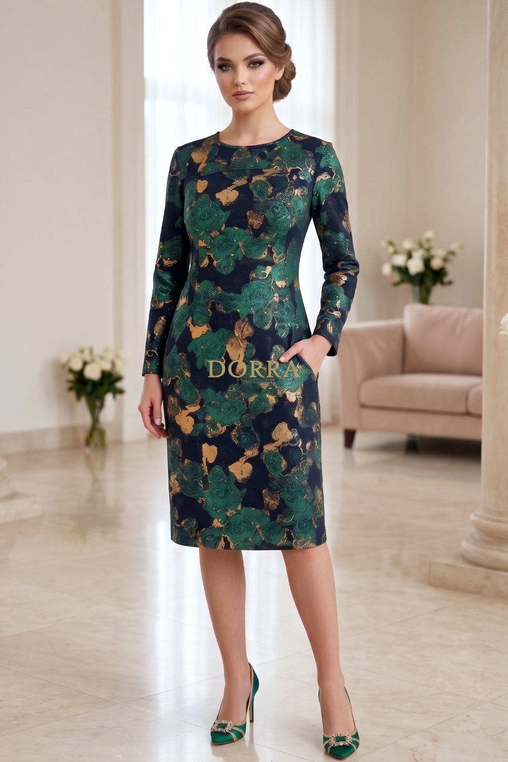 Rochie Carolinna din jerse cu imprimeu metalizat verde-auriu, maneci lungi, croiala lejera