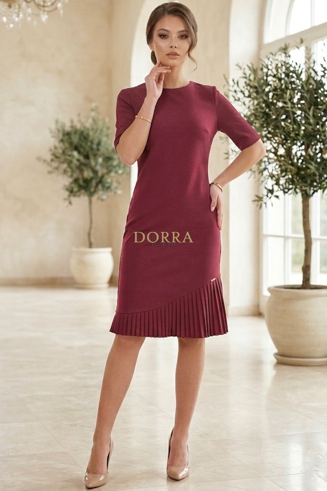 Rochie Helenna din jerse elastic grena cu pliseuri si maneca scurta