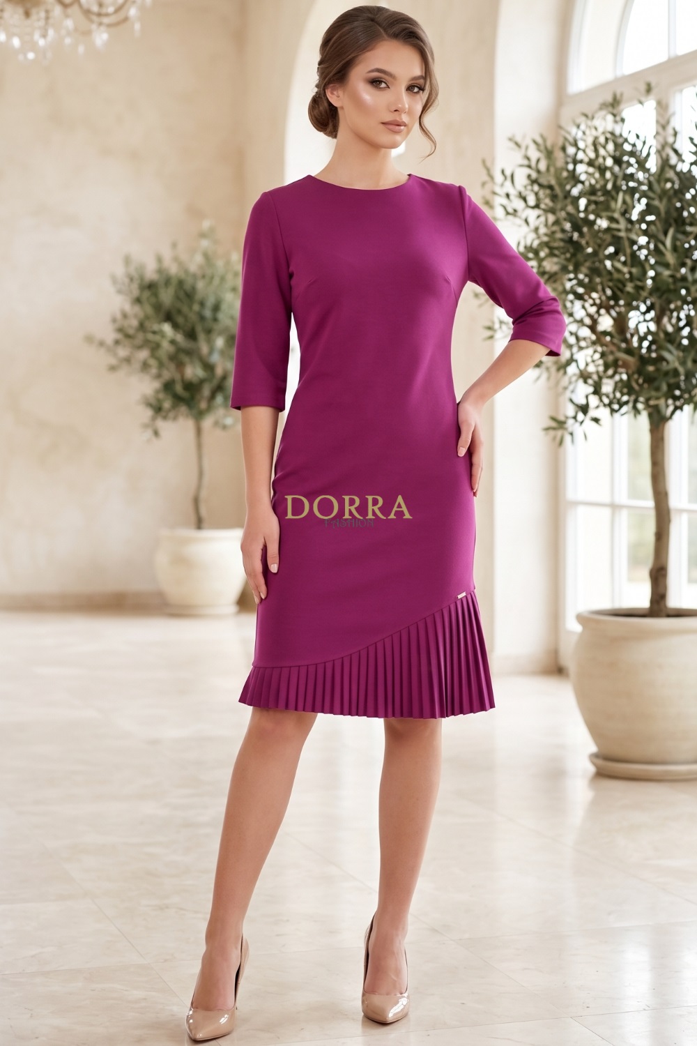 Rochie Helenna din jerse elastic magenta cu pliseuri si maneca scurta