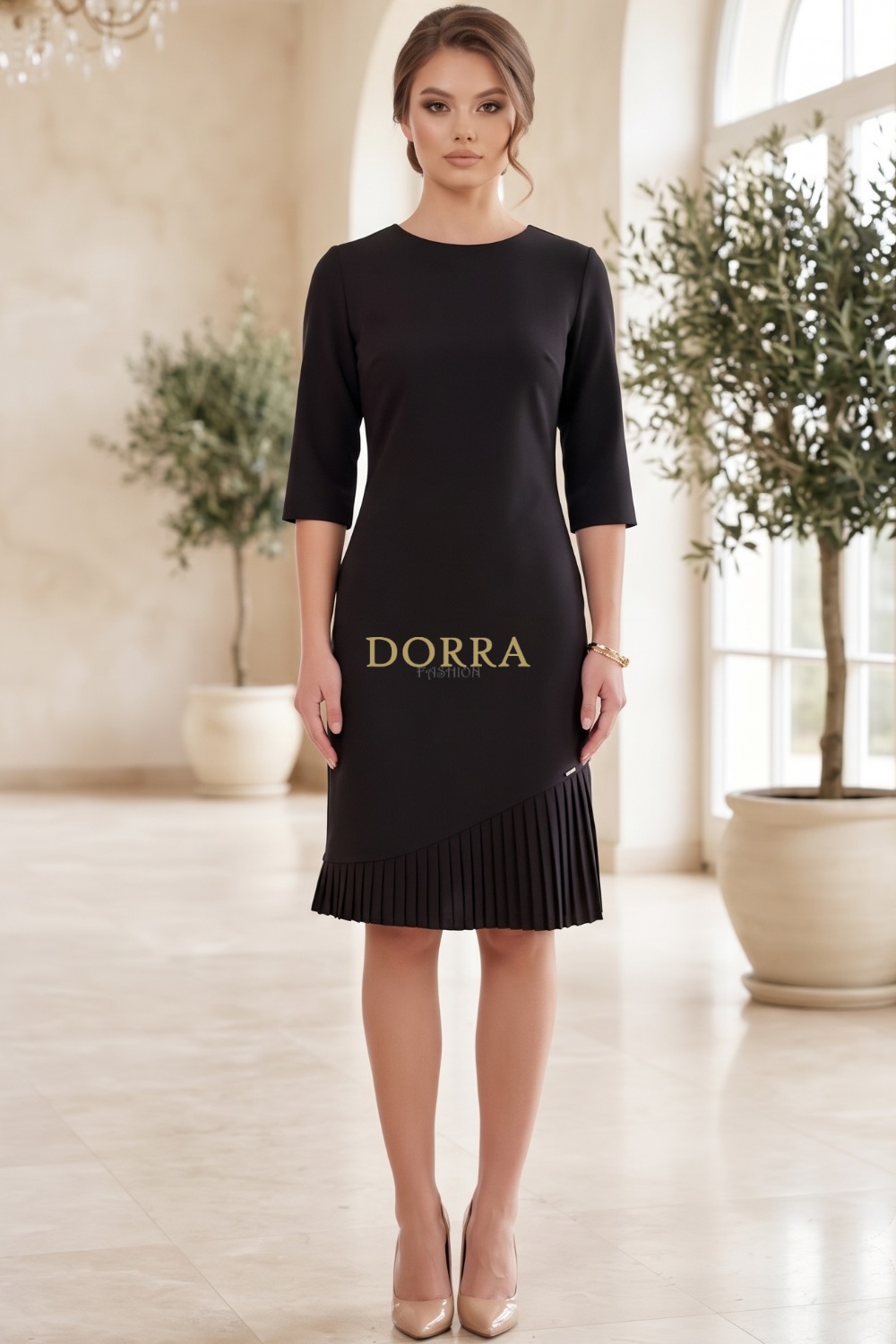 Rochie Helenna din jerse elastic negru cu pliseuri si maneca scurta