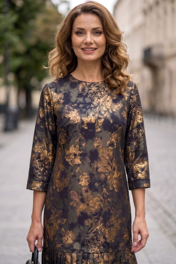 Rochie de ocazie Patty din stofă neagră cu imprimeu metalizat floral auriu - imagine 2