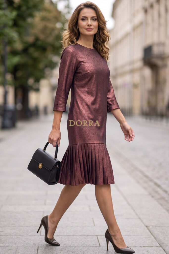 Rochie de ocazie Patty din stofă cu imprimeu metalizat grena-ruginiu - imagine 3