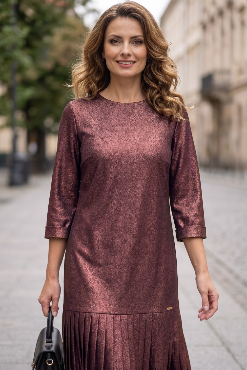 Rochie de ocazie Patty din stofă cu imprimeu metalizat grena-ruginiu - imagine 2